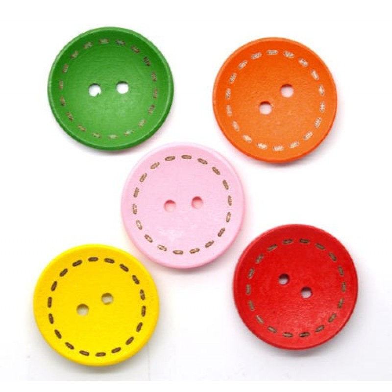 35 Grands Boutons en Bois Multicolore 25mm