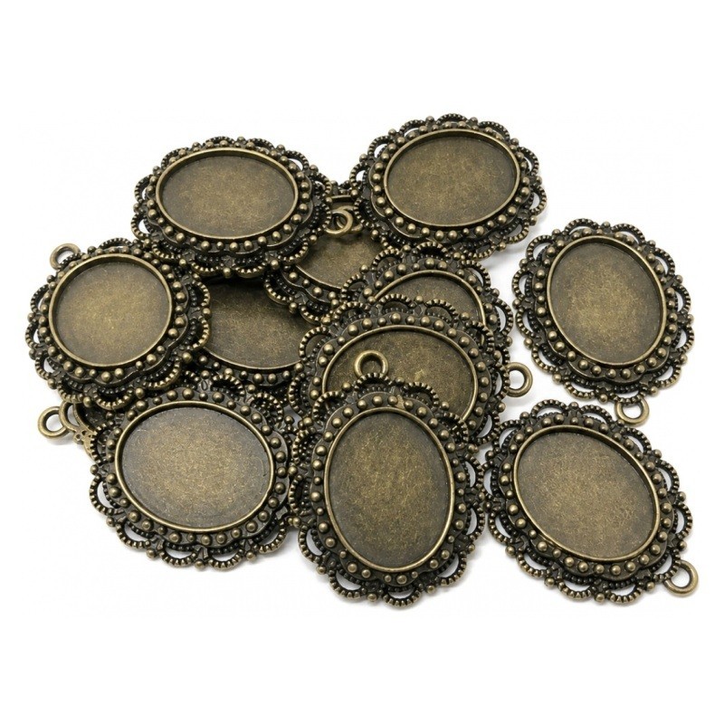 10 Supports Pendentifs Bronze Ornementés pour Cabochon Ovale 14x18mm