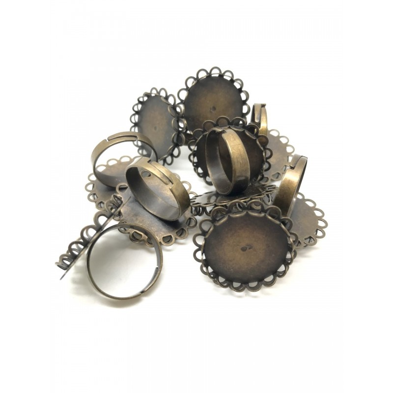 10 Supports Bagues Ajustables Bronze Festonnés pour Cabochon 20mm