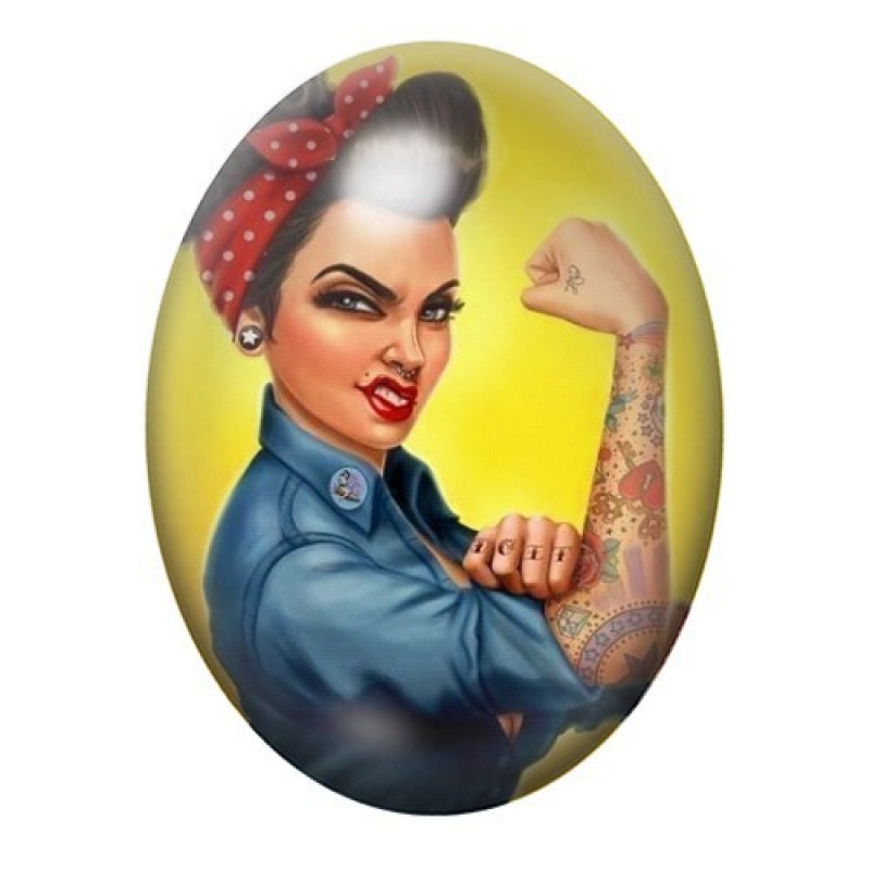 Cabochon en Verre Illustré Pin-up Girl Power Rétro 13x18, 18x25 ou 30x40mm