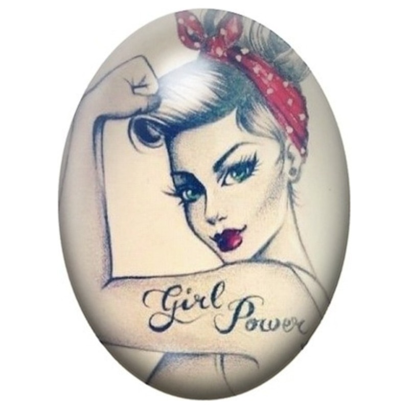 Cabochon en Verre Illustré Girl Power au Foulard Rouge 13x18, 18x25 ou 30x40mm