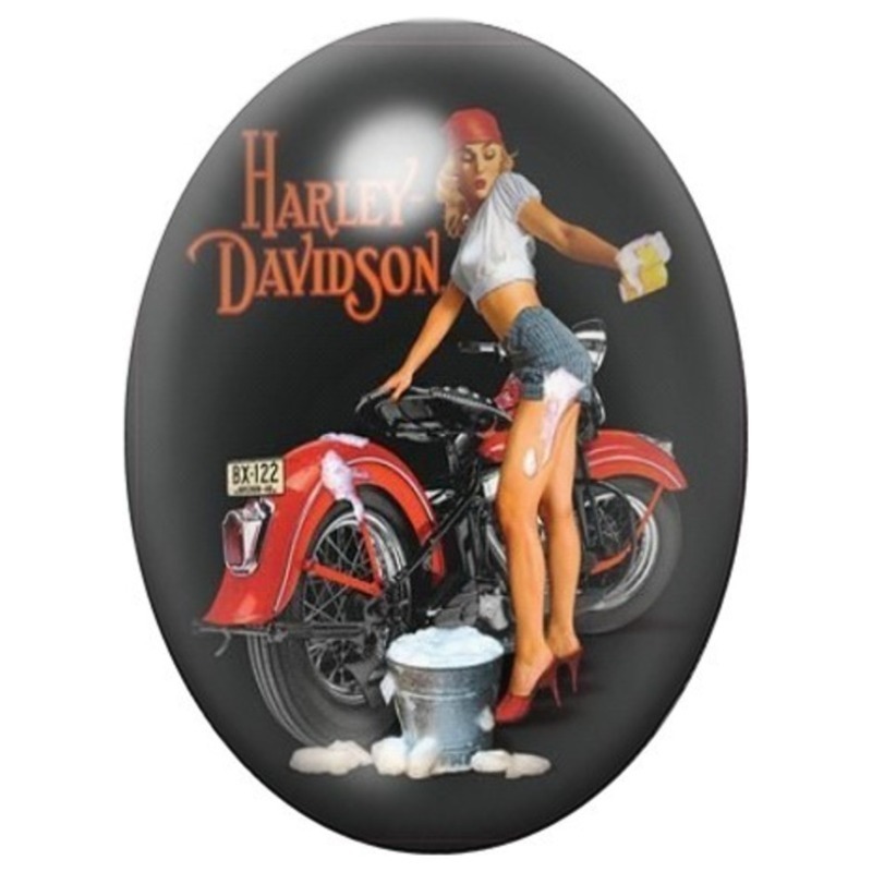 Cabochon en Verre Illustré Pin-up sur une Moto Harley-Davidson 13x18, 18x25 ou 30x40mm