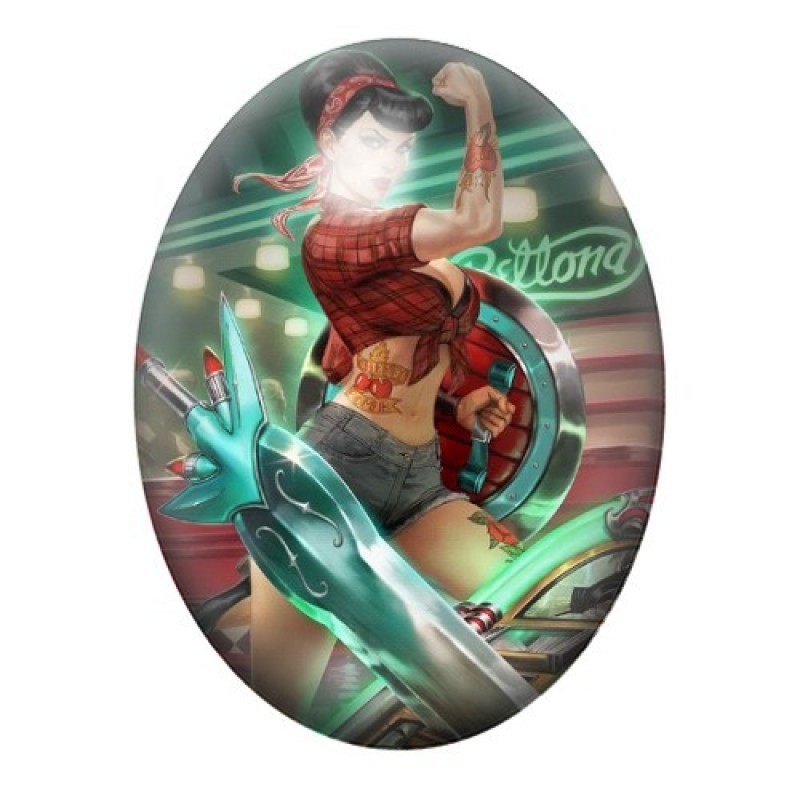 Cabochon en Verre Illustré Pin-up Girl Power Rétro 13x18, 18x25 ou 30x40mm