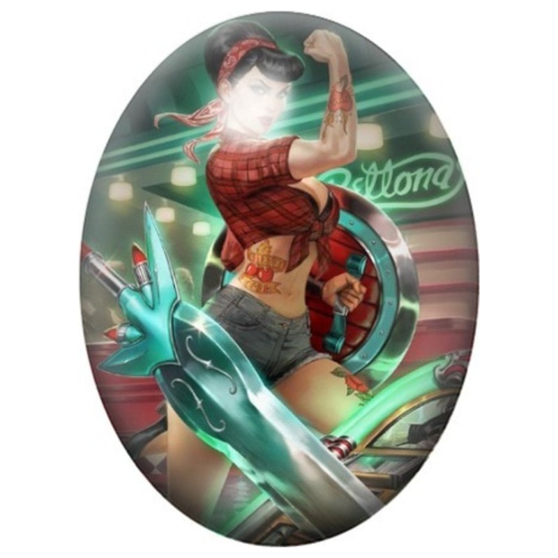 Cabochon en Verre Illustré Pin-up Mécanicienne sur une Moto Verte 13x18, 18x25 ou 30x40mm