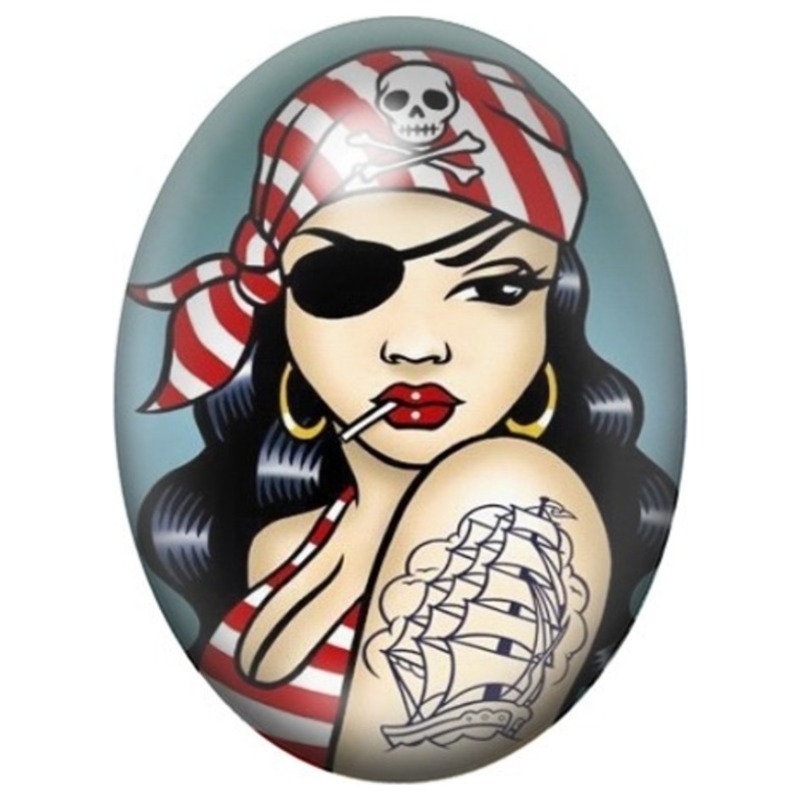 Cabochon en Verre Illustré Pin-up Pirate au Bandeau Rouge 13x18, 18x25 ou 30x40mm