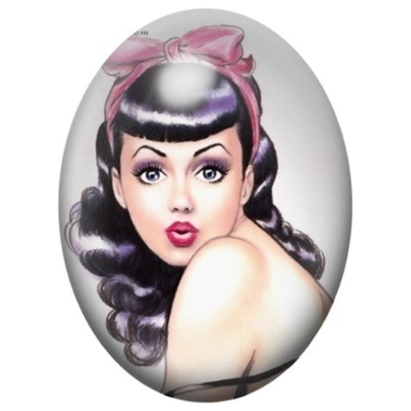 Cabochon en Verre Illustré Pin-up Brune au Grand Nœud Rose 13x18, 18x25 ou 30x40mm