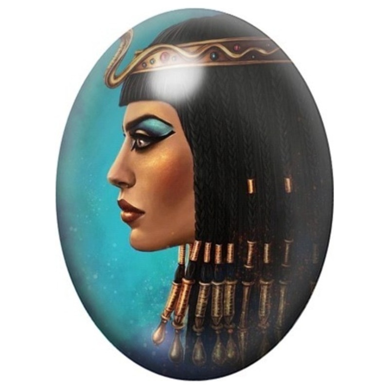 Cabochon en Verre Illustré Cléopâtre de Profil sur Fond Turquoise 13x18, 18x25 ou 30x40mm
