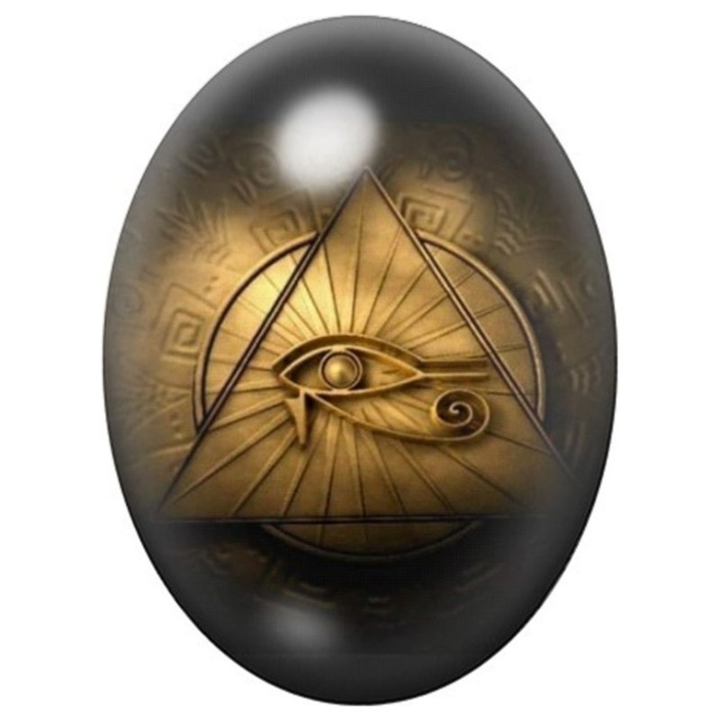 Cabochon en Verre Illustré Œil d’Horus dans une Pyramide Dorée 13x18, 18x25 ou 30x40mm
