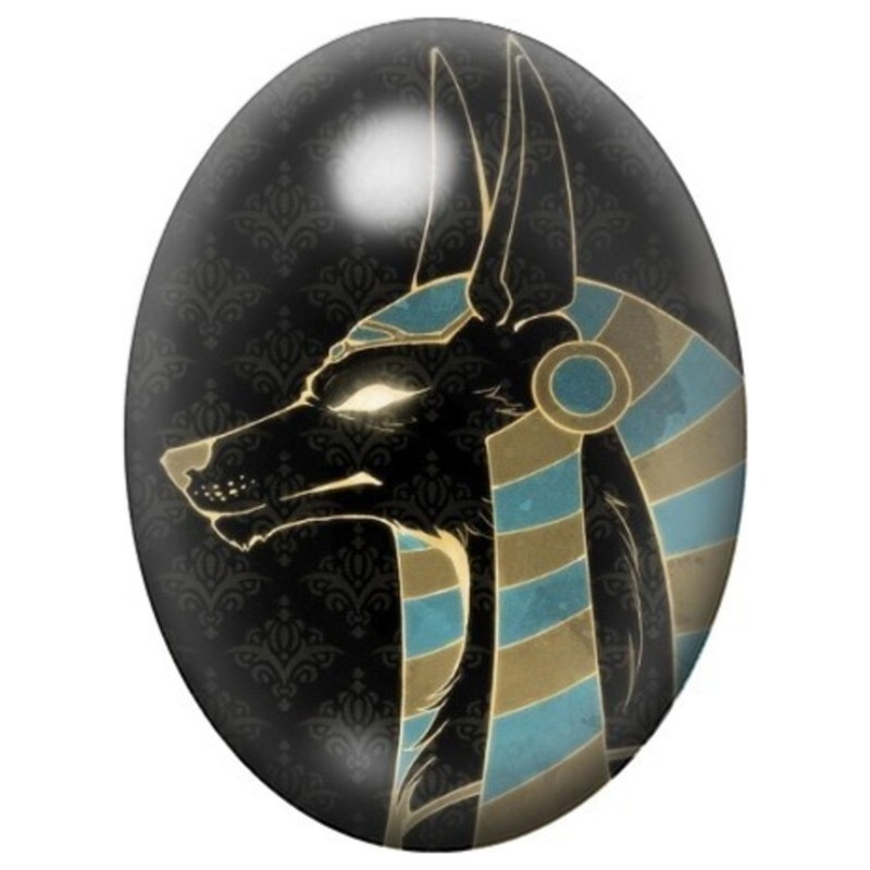 Cabochon en Verre Illustré Profil d’Anubis Bleu et Or 13x18, 18x25 ou 30x40mm