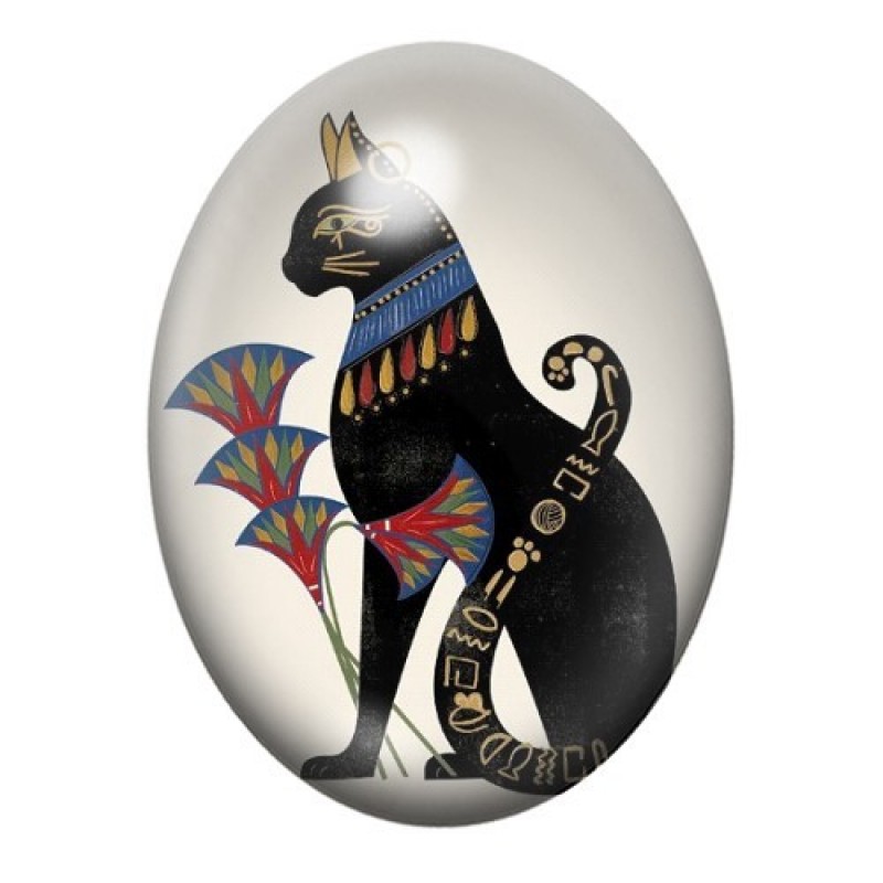 Cabochon en Verre Illustré Bastet Chat Noir aux Motifs Floraux 13x18, 18x25 ou 30x40mm