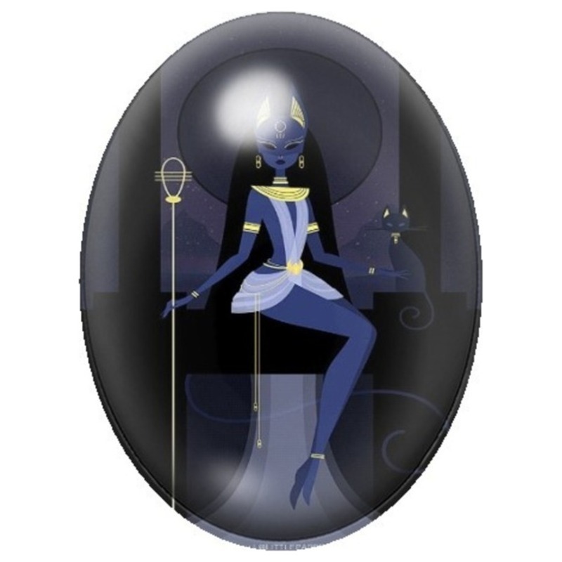 Cabochon en Verre Illustré Déesse Féline Bleue Assise 13x18, 18x25 ou 30x40mm