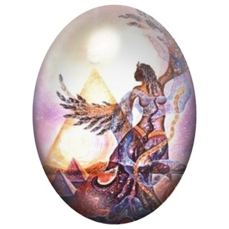 Cabochon en Verre Illustré Isis Ailée devant les Pyramides 13x18, 18x25 ou 30x40mm