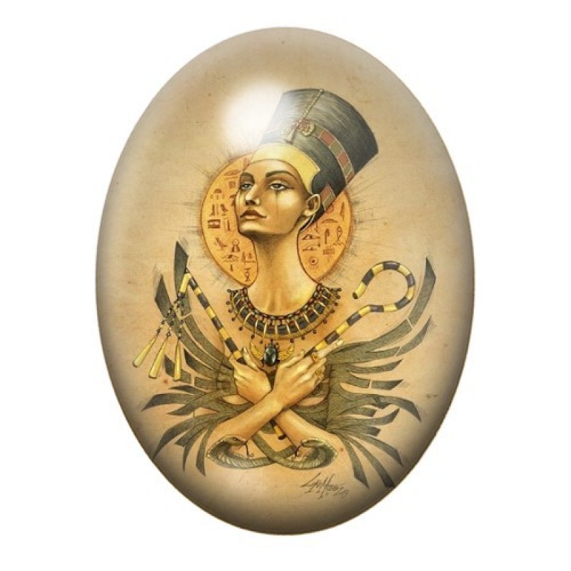Cabochon en Verre Illustré Néfertiti Dorée aux Attributs Royaux 13x18, 18x25 ou 30x40mm