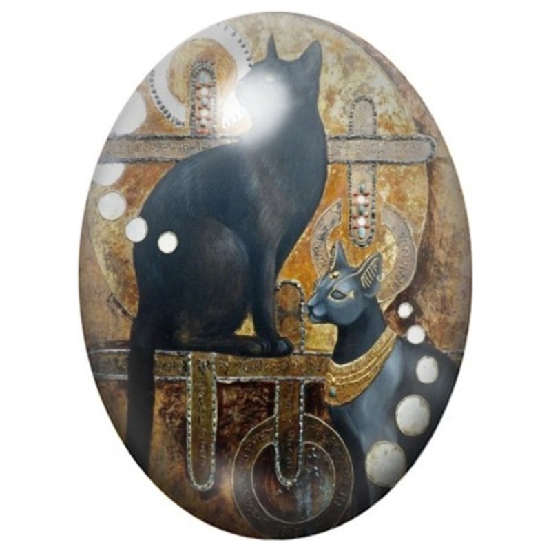 Cabochon en Verre Illustré Bastet Chat Noir sur son Trône 13x18, 18x25 ou 30x40mm