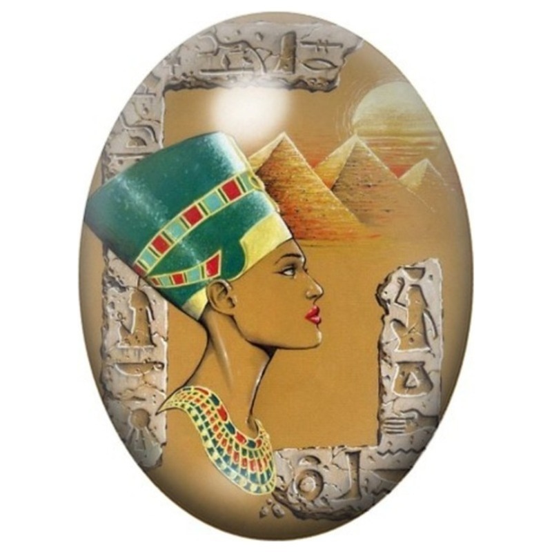 Cabochon en Verre Illustré Néfertiti devant les Pyramides 13x18, 18x25 ou 30x40mm