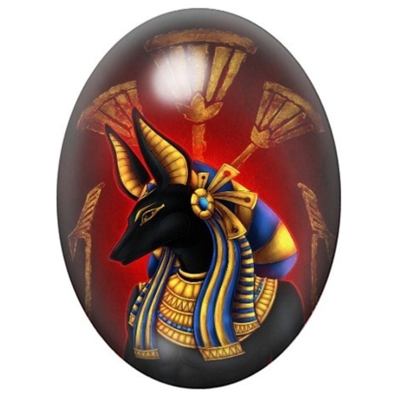 Cabochon en Verre Illustré Anubis Rouge et Or dans le Temple 13x18, 18x25 ou 30x40mm