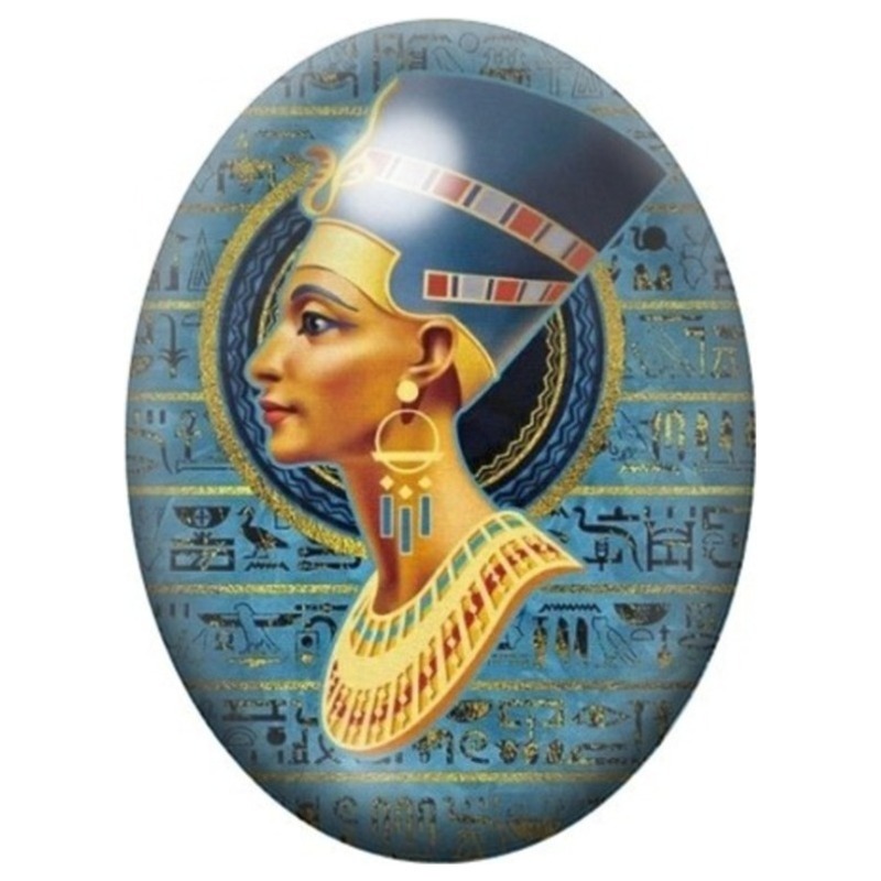 Cabochon en Verre Illustré Néfertiti sur Fond de Hiéroglyphes Bleus 13x18, 18x25 ou 30x40mm