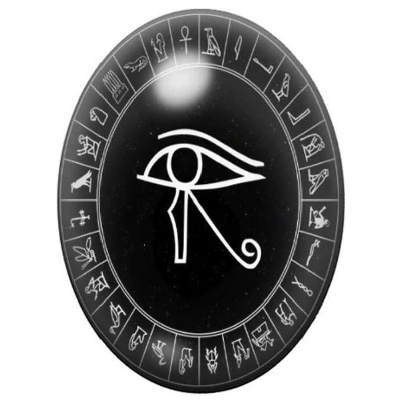 Cabochon en Verre Illustré Œil d’Horus dans le Cercle des Hiéroglyphes 13x18, 18x25 ou 30x40mm