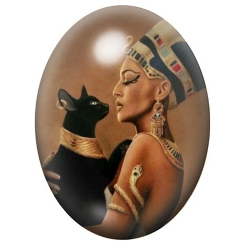 Cabochon en Verre Illustré Reine Égyptienne avec un Chat Noir 13x18, 18x25 ou 30x40mm