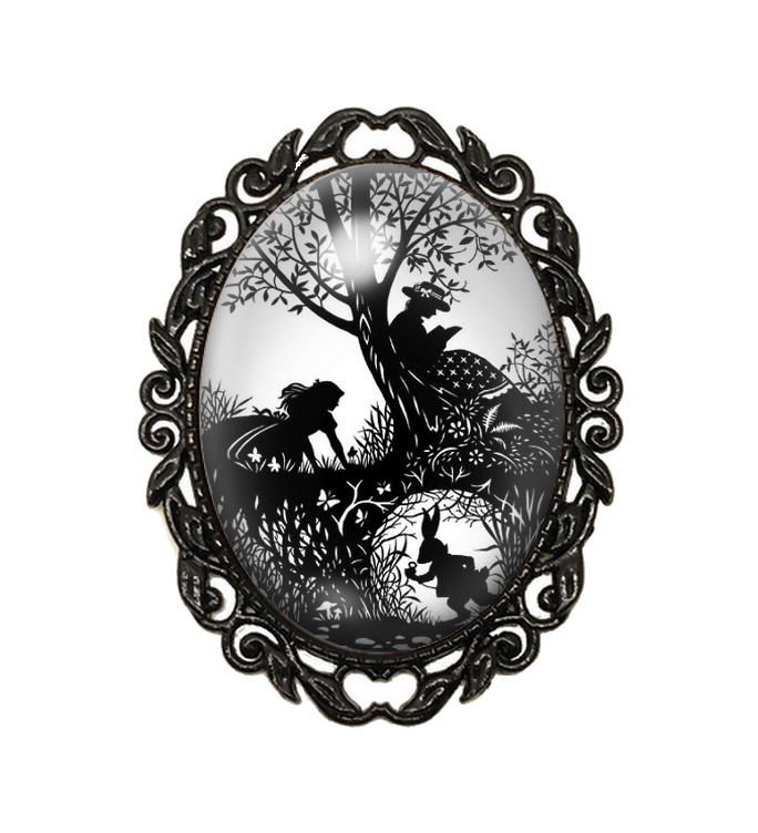 Broche Noire avec Cabochon en Verre Alice au Pays des Merveilles