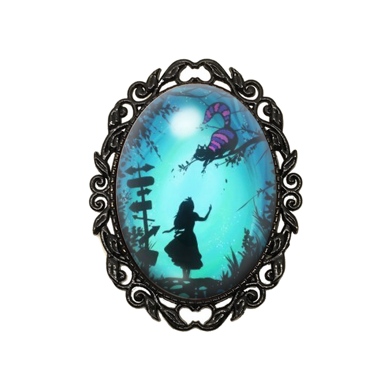 Broche Noire avec Cabochon en Verre Alice au Pays des Merveilles