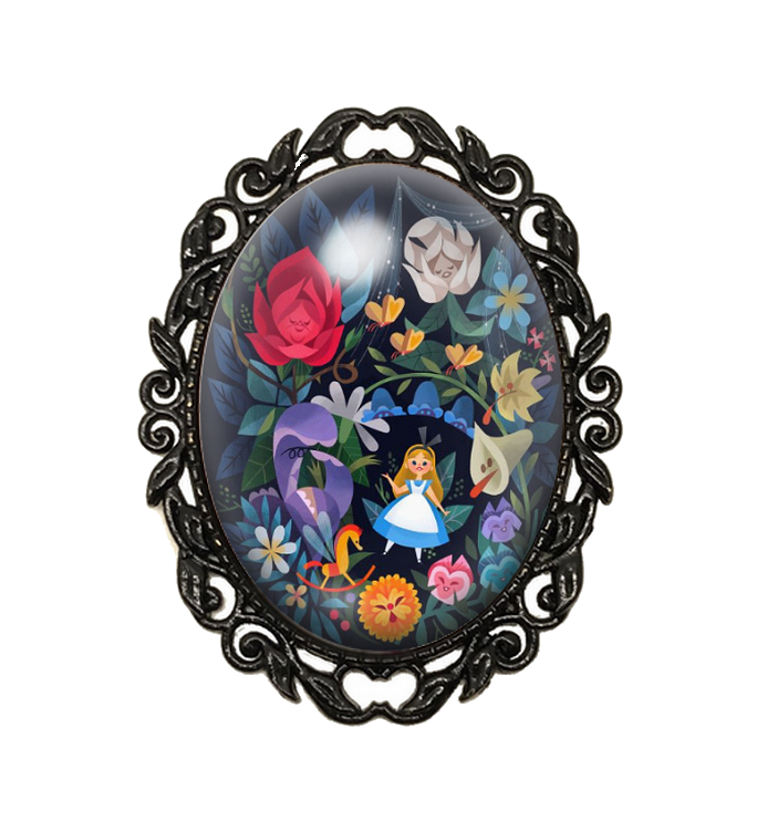Broche Noire avec Cabochon en Verre Alice au Pays des Merveilles