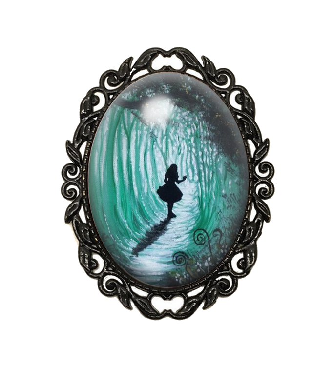 Broche Noire avec Cabochon en Verre Alice au Pays des Merveilles