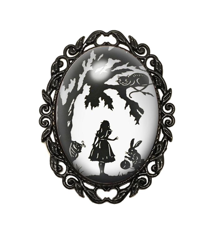 Broche Noire avec Cabochon en Verre Alice au Pays des Merveilles