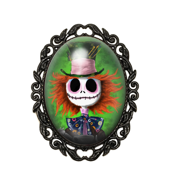 Broche Noire avec Cabochon en Verre Alice au Pays des Merveilles Chapelier Fou