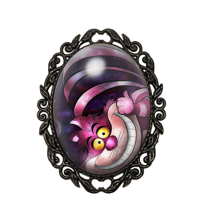 Broche Noire avec Cabochon en Verre Alice au Pays des Merveilles Chat du Cheshire