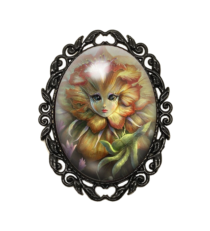 Broche Noire avec Cabochon en Verre Alice au Pays des Merveilles