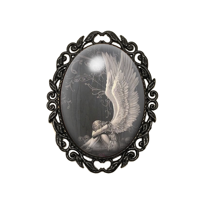 Broche Noire avec Cabochon en Verre Ange