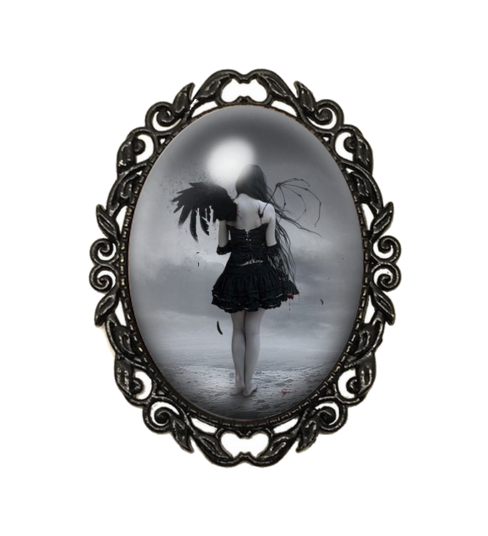 Broche Noire avec Cabochon en Verre Ange Gothique
