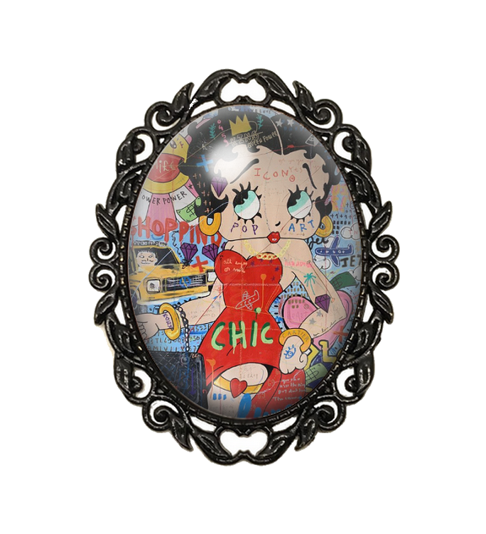 Broche Noire avec Cabochon en Verre Betty Boop Pop Art