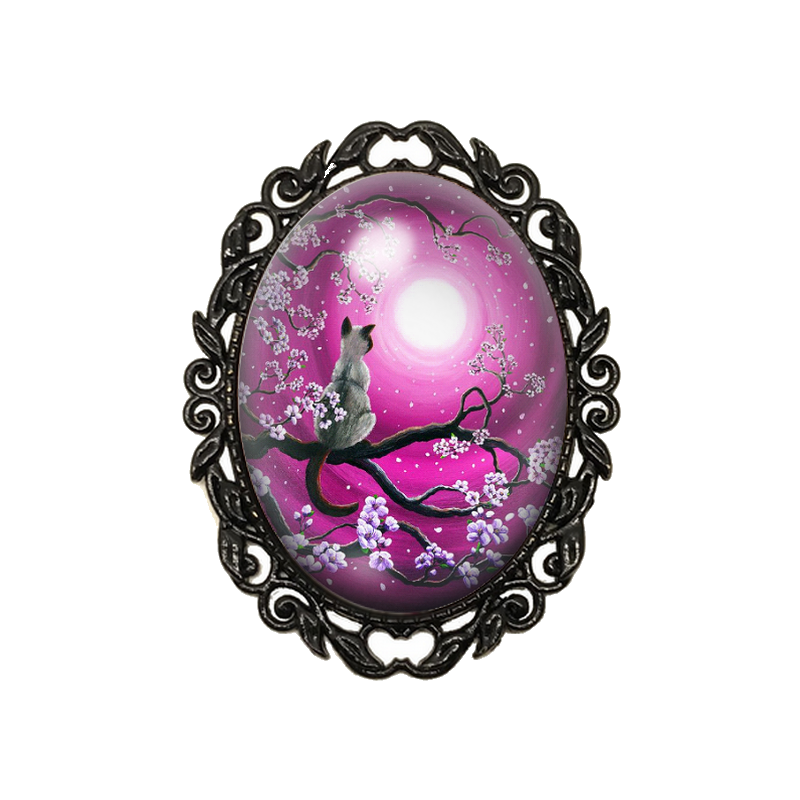 Broche Noire avec Cabochon en Verre Chat Lune