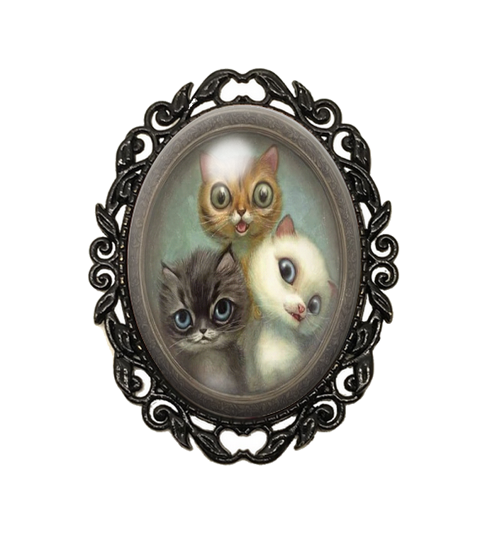 Broche Noire avec Cabochon en Verre Trio de Chats