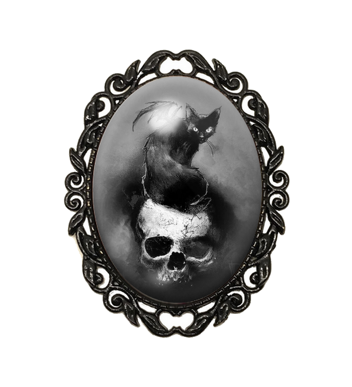 Broche Noire avec Cabochon en Verre Chat Crâne Gothique