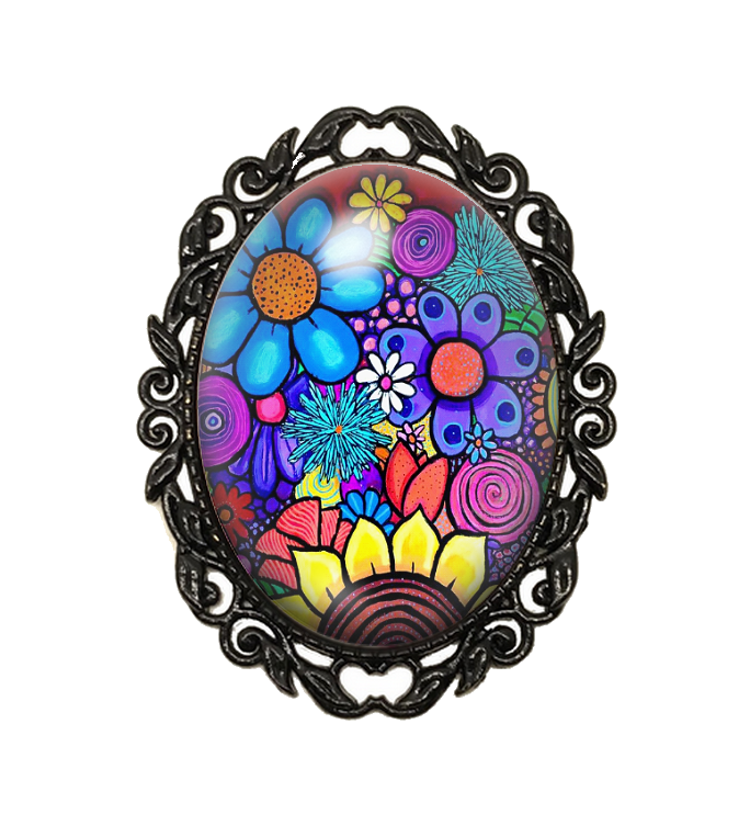 Broche Noire avec Cabochon en Verre Fleurs Colorées