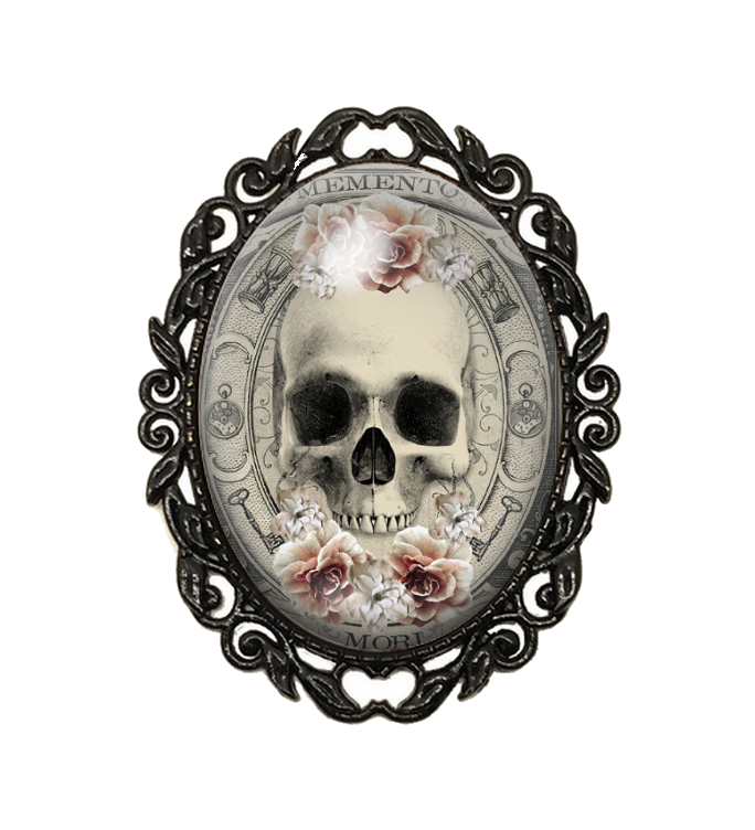 Broche Noire avec Cabochon en Verre Crâne Gothique