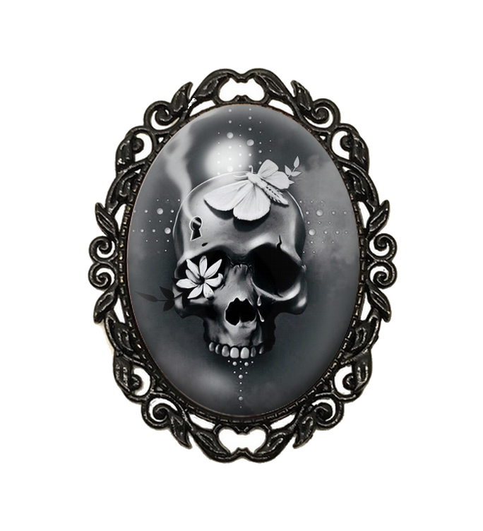 Broche Noire avec Cabochon en Verre Crâne Gothique