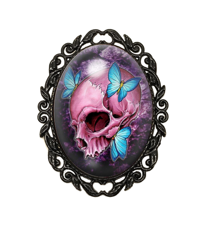 Broche Noire avec Cabochon en Verre Crâne Gothique
