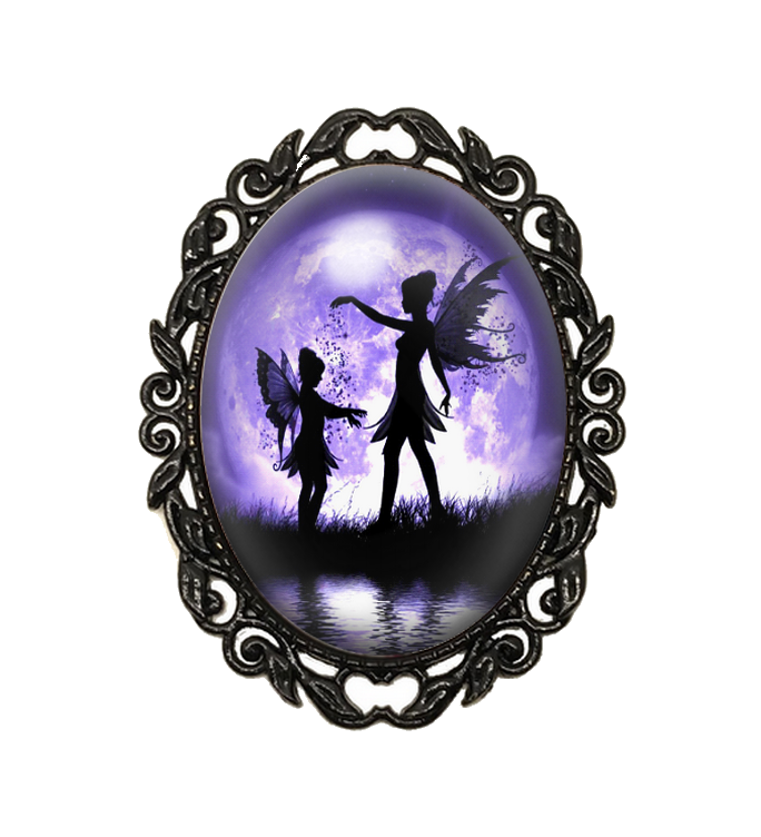 Broche Noire avec Cabochon en Verre Fées Lune