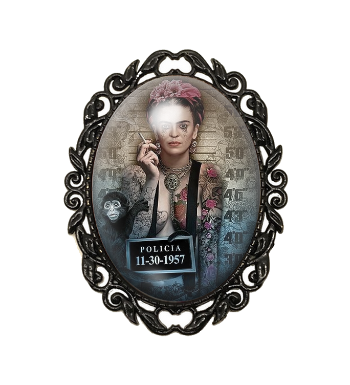 Broche Noire avec Cabochon en Verre Frida Kahlo
