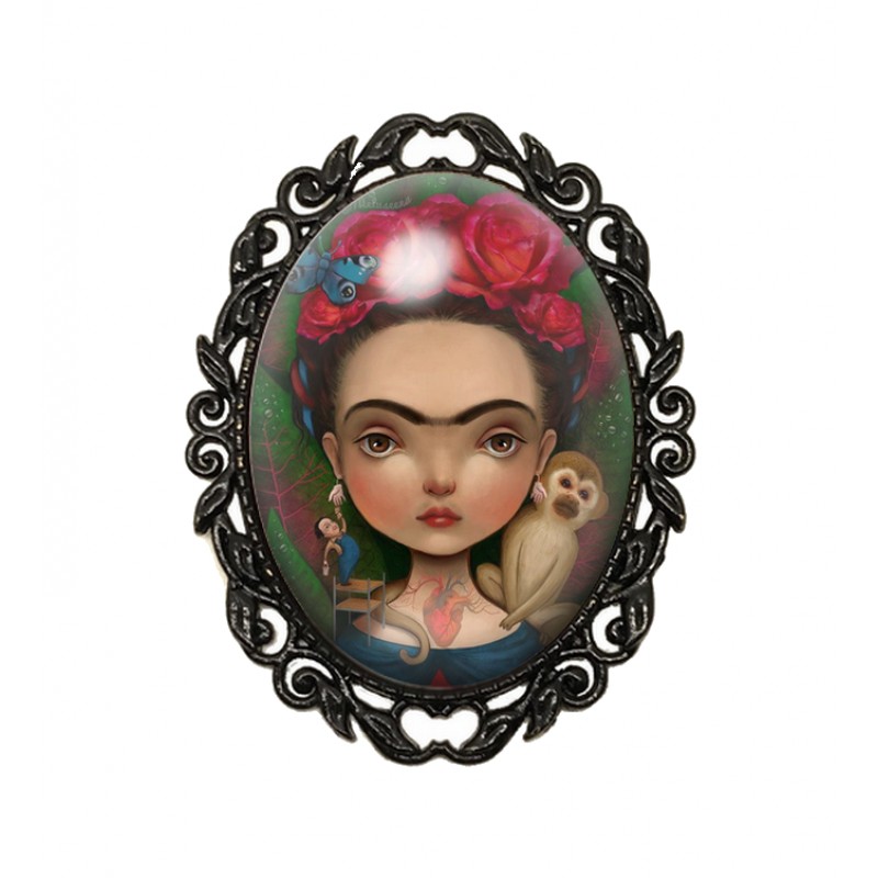 Broche Noire avec Cabochon en Verre Frida Kahlo