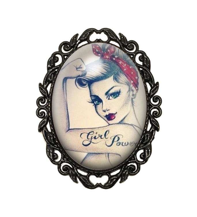 Broche Noire avec Cabochon en Verre Pin-Up Girl Power Rétro
