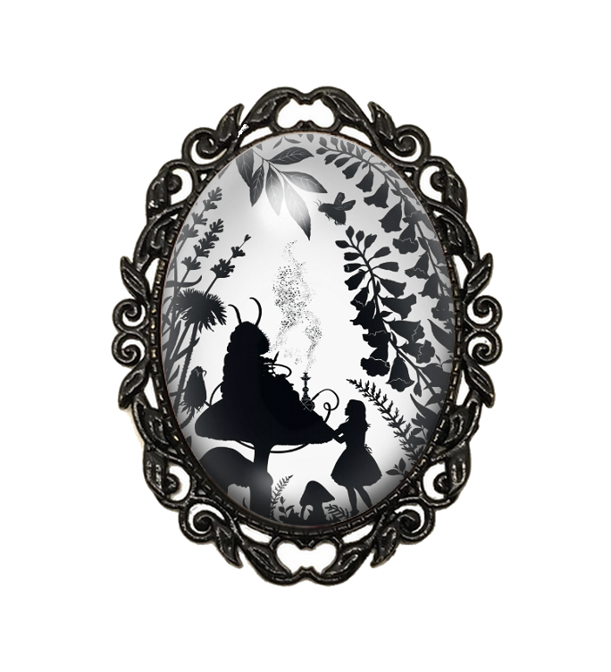 Broche Noire avec Cabochon en Verre Alice au Pays des Merveilles