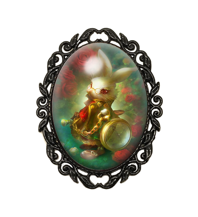 Broche Noire avec Cabochon en Verre Alice au Pays des Merveilles