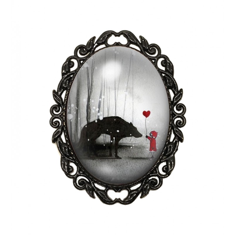 Broche Noire avec Cabochon en Verre Le Petit Chaperon Rouge