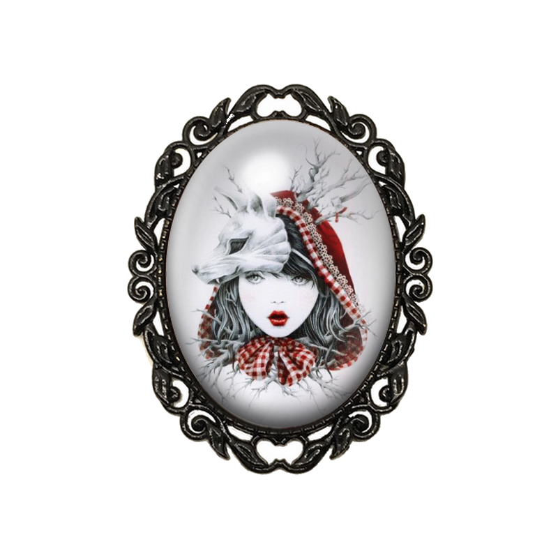 Broche Noire avec Cabochon en Verre Le Petit Chaperon Rouge