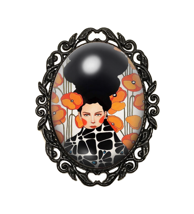 Broche Noire avec Cabochon en Verre Cheveux Flottants
